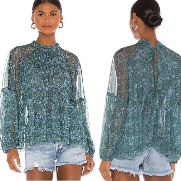 Free People Tops - LN Free People Sweet Heart Green Purple Floral Tie Back Top in Emerald Combo - L